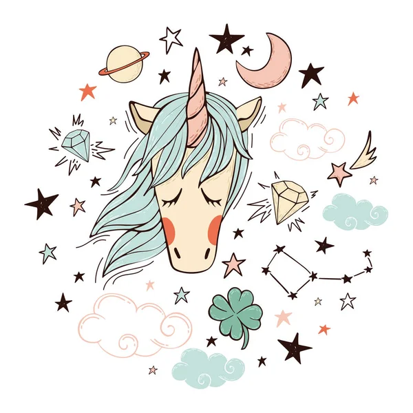 Lindo Unicornio Rodeado Estrellas Planetas Constelaciones Nubes Etc — Vector de stock