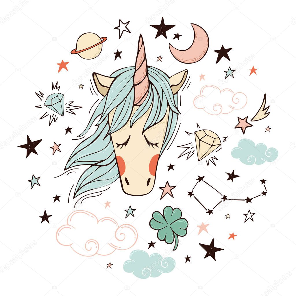 A cute unicorn surrounded by stars, planets, constellations, clouds, etc.