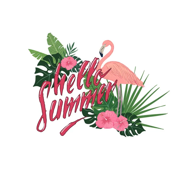 Привет Лето Летние Буквы Тропическими Листьями Цветами Фламинго — стоковый вектор