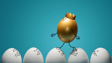 Concept of ambitiousness, careerism. A golden egg walks through heads the white eggs. clipart