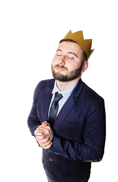 Concepto Liderazgo Excelencia Retrato Hombre Sonriente Con Una Corona Dorada — Foto de Stock