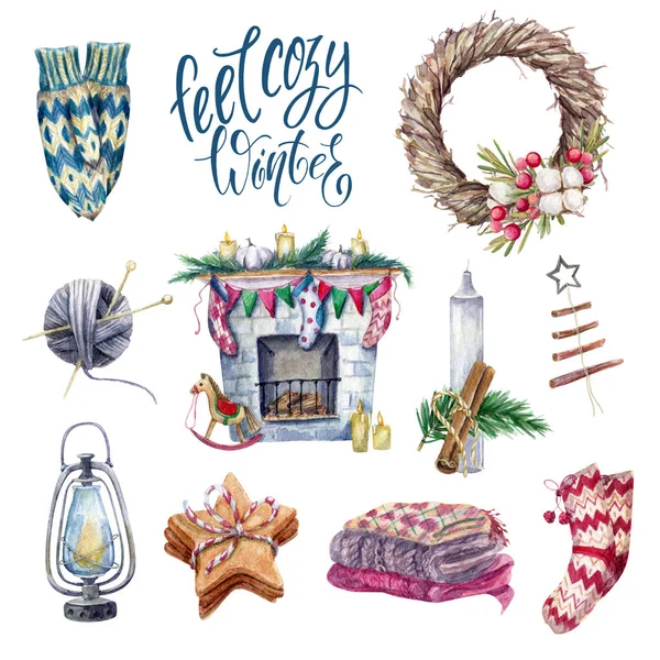 Cozy Winter Set Watercolor Hugge Essentials Elements — Stock Photo, Image