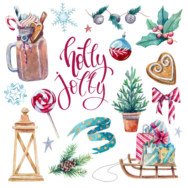 Bright Set Watercolor Holiday Elements — Stock Photo, Image