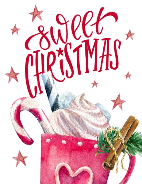レタリングと水彩のクリスマス カードとホット飲料と赤マグカップ — ストック写真