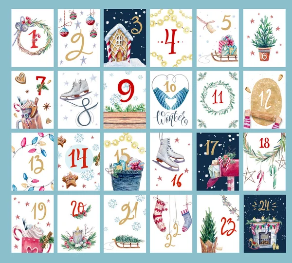 Calendário Advento Natal Com Ilustração Aquarela Conjunto Cartões Natal Bonitos — Fotografia de Stock
