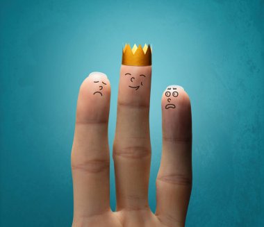 A  middle finger with gold crown on blue background. Concept of success. clipart