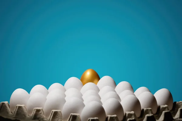 概念的个性 排他性 更好的选择 一枚金蛋之间白鸡蛋在蓝色背景 — 图库照片