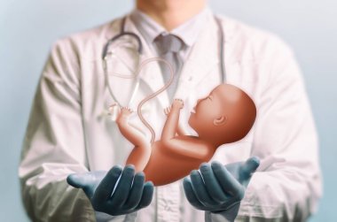 Image of a doctor in a white coat and baby above his hands. Care of the infant. clipart