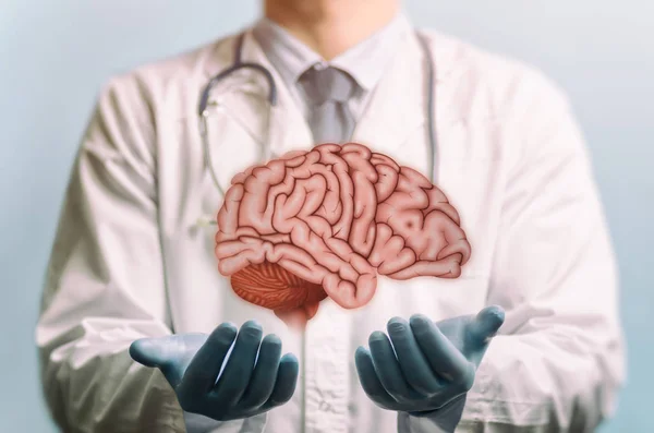 Bilden Läkare Vit Rock Och Hjärnan Ovanför Händerna Neurokirurgi Behandling — Stockfoto