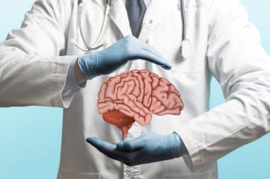 Bir doktor bir Beyaz önlük ve beyin elleri yukarıda görüntüsü. Beyin Cerrahisi. Bir beyin tedavi.
