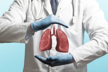 Beyaz önlük ve akciğerleri elleri yukarıda bir doktor görüntüsü. Sağlıklı akciğerler kavramı.