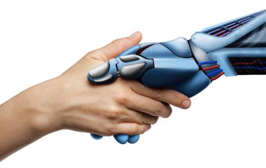 Robotun eli bir kadının elini çeker. İki el kurtarma pozisyonunda. Yapay zeka, gelecek kavramı. İzole beyaz arka plan üzerinde.