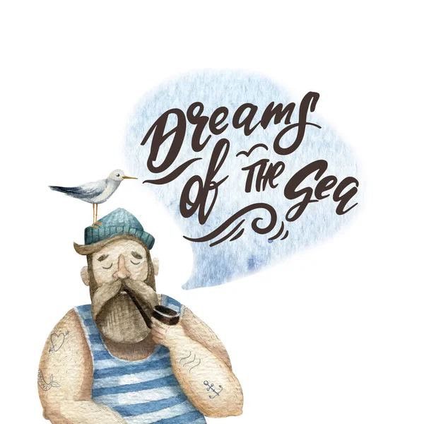 Drömmar Havet Akvarell Illustration Med Bokstäver Skäggiga Sjöman Med Tobaks — Stockfoto