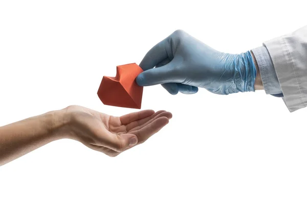 Doctor Hand Gives Red Paper Heart Woman Image Isolated White — Stock Photo, Image