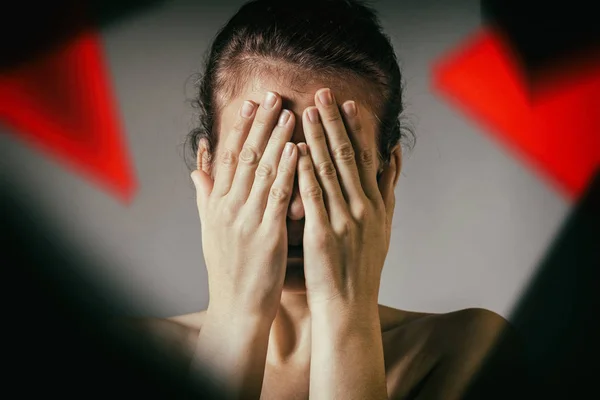 Woman Covers Her Face Concept Suffering Grief Fear Etc — Stock Photo, Image