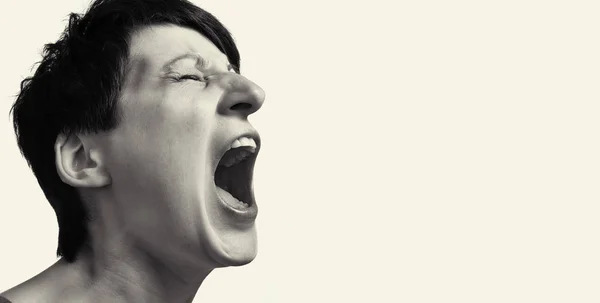 Concept Anger Portrait Screaming Woman Isolated Background Free Space Black — Stock Photo, Image