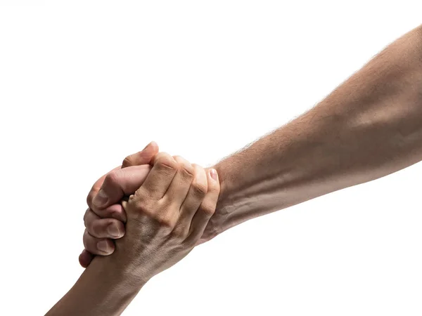 Eine Menschliche Hand Die Den Anderen Menschen Auf Weißem Isolierten — Stockfoto