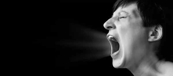 Concept of anger. Portrait of a screaming woman on isolated background with free space. Black and white image.