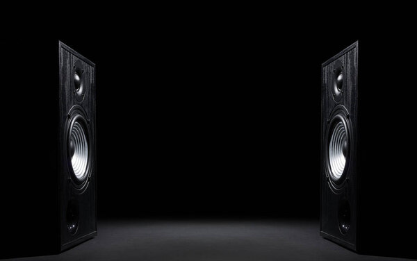 Two sound speakers with free space between them on black background.