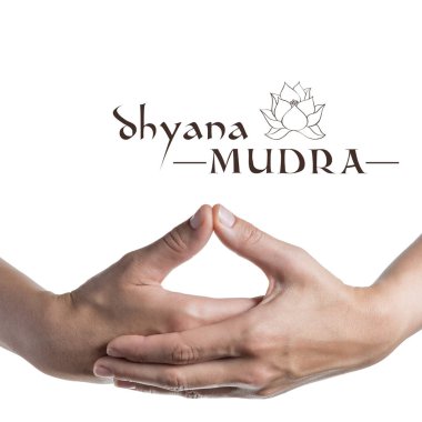 Dhyana Mudra. Beyaz yalıtılmış arka planda yoga el hareketi.