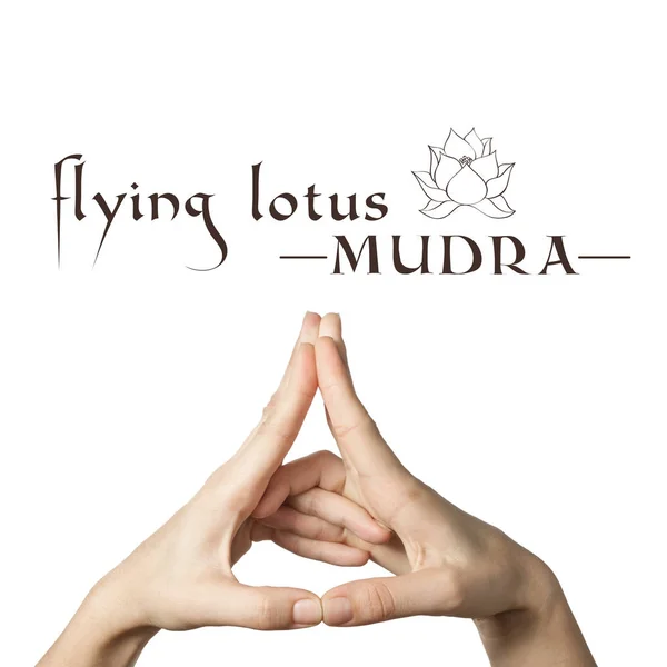 Fliegende Lotusmudra Yogische Handbewegung Auf Weißem Isoliertem Hintergrund — Stockfoto