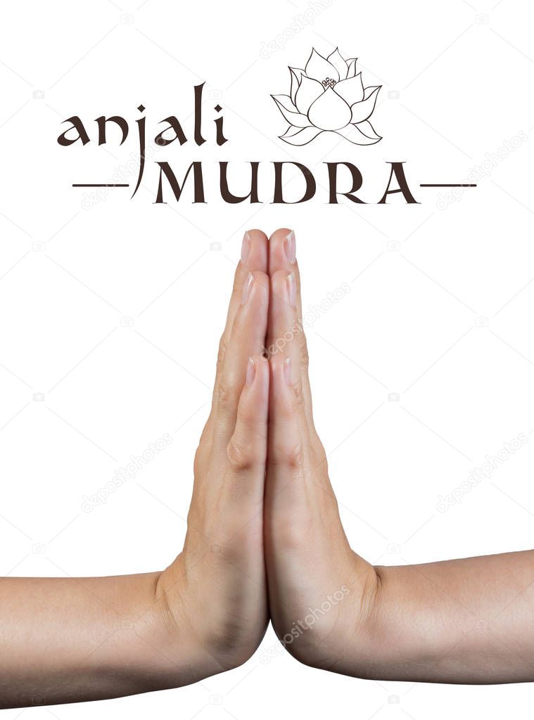 Anjali mudra.Yogic hand gesture on white isolated background.