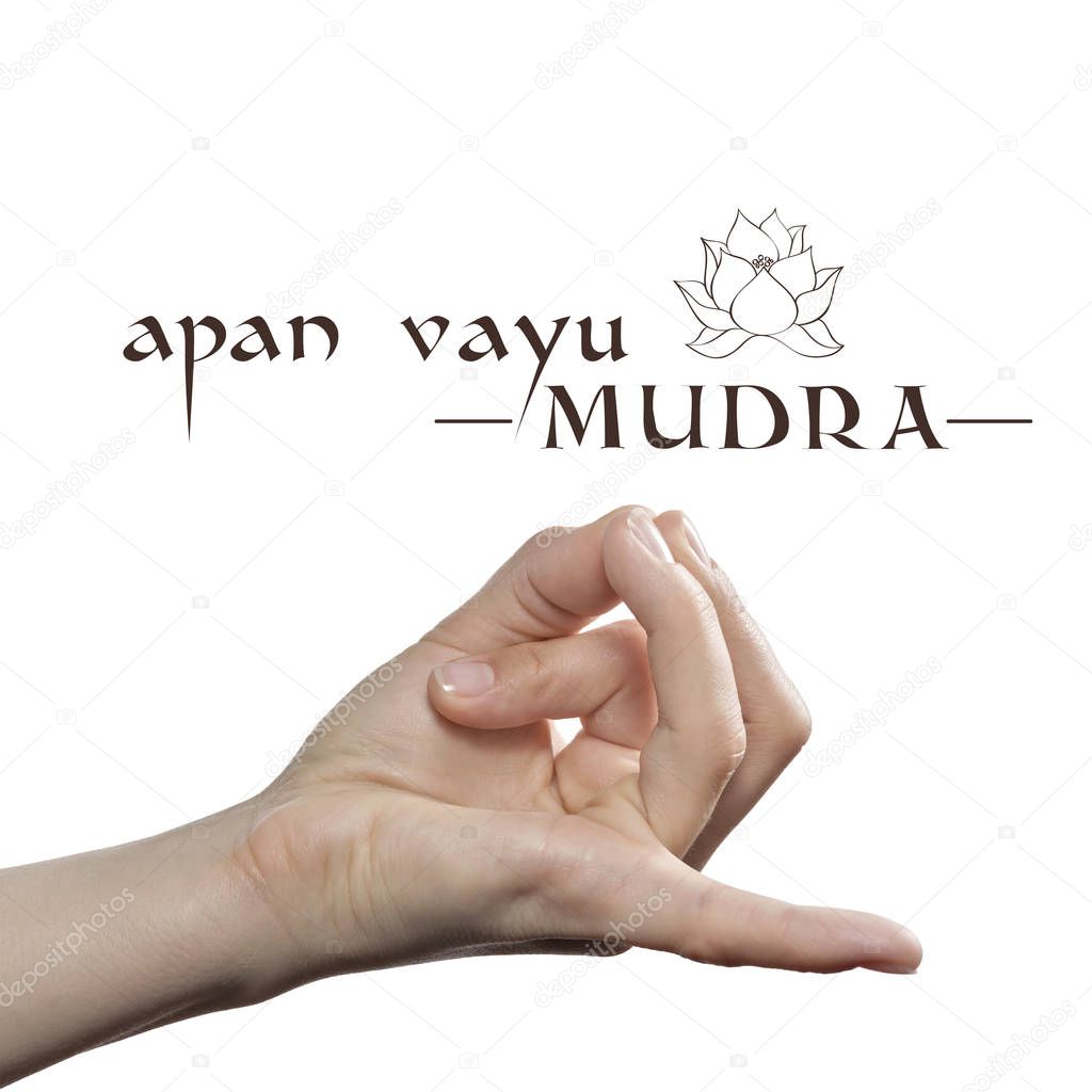 Apan vayu mudra. Yogic hand gesture on white isolated background.