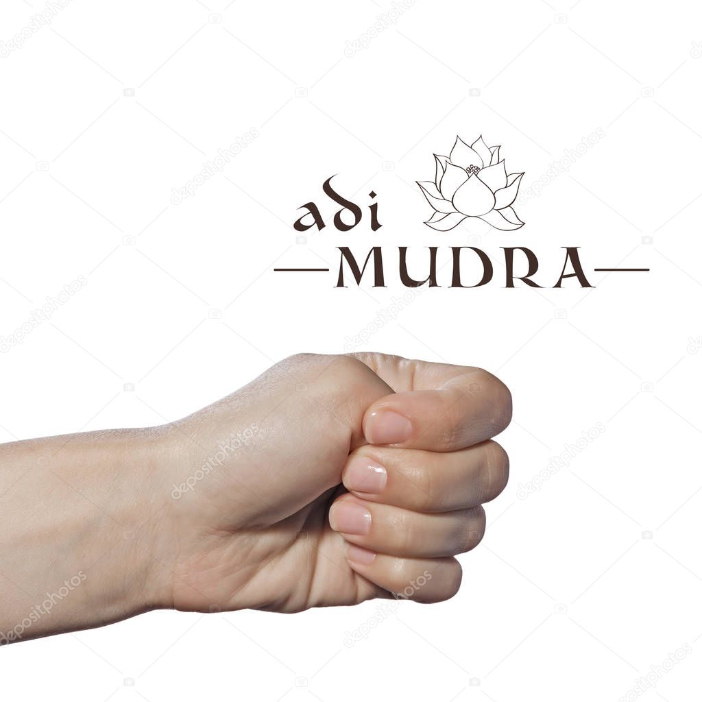 Adi mudra. Yogic hand gesture on white isolated background.