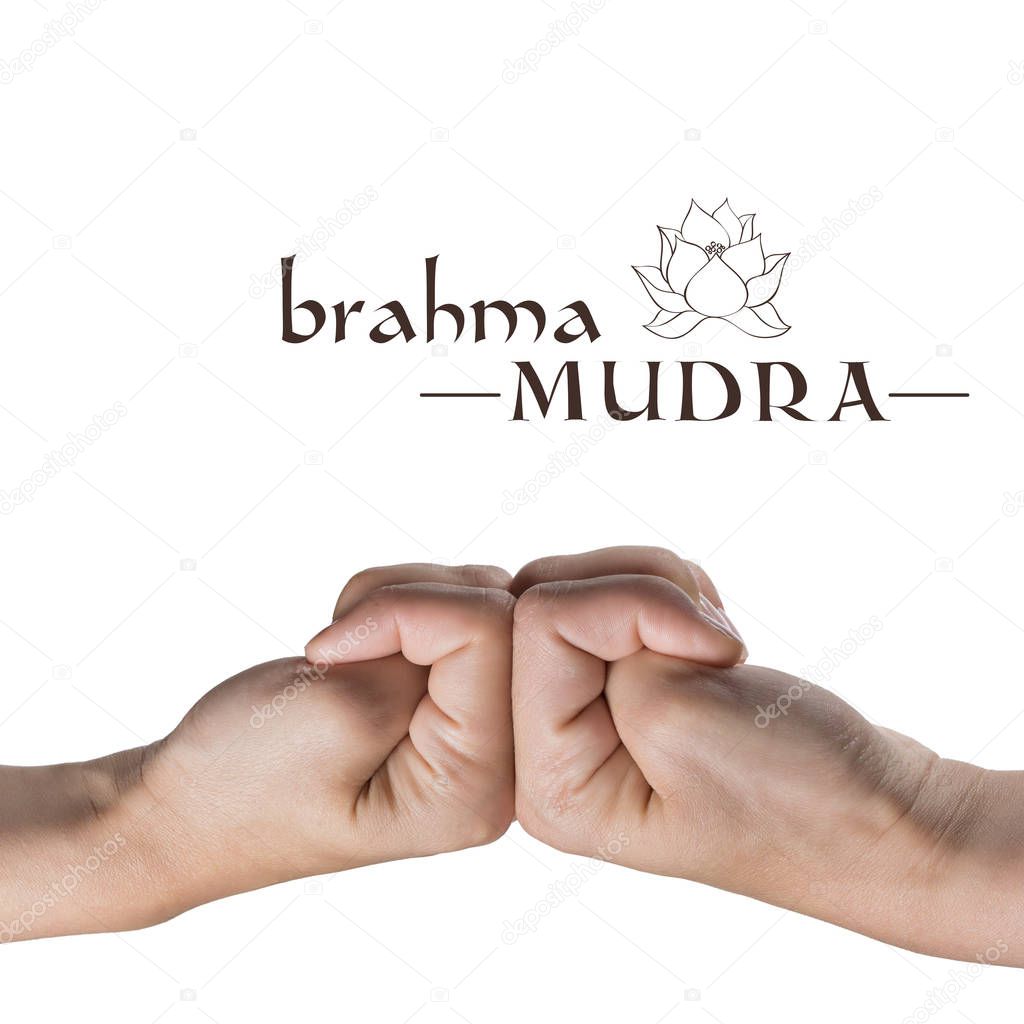 Brahma mudra. Yogic hand gesture on white isolated background.