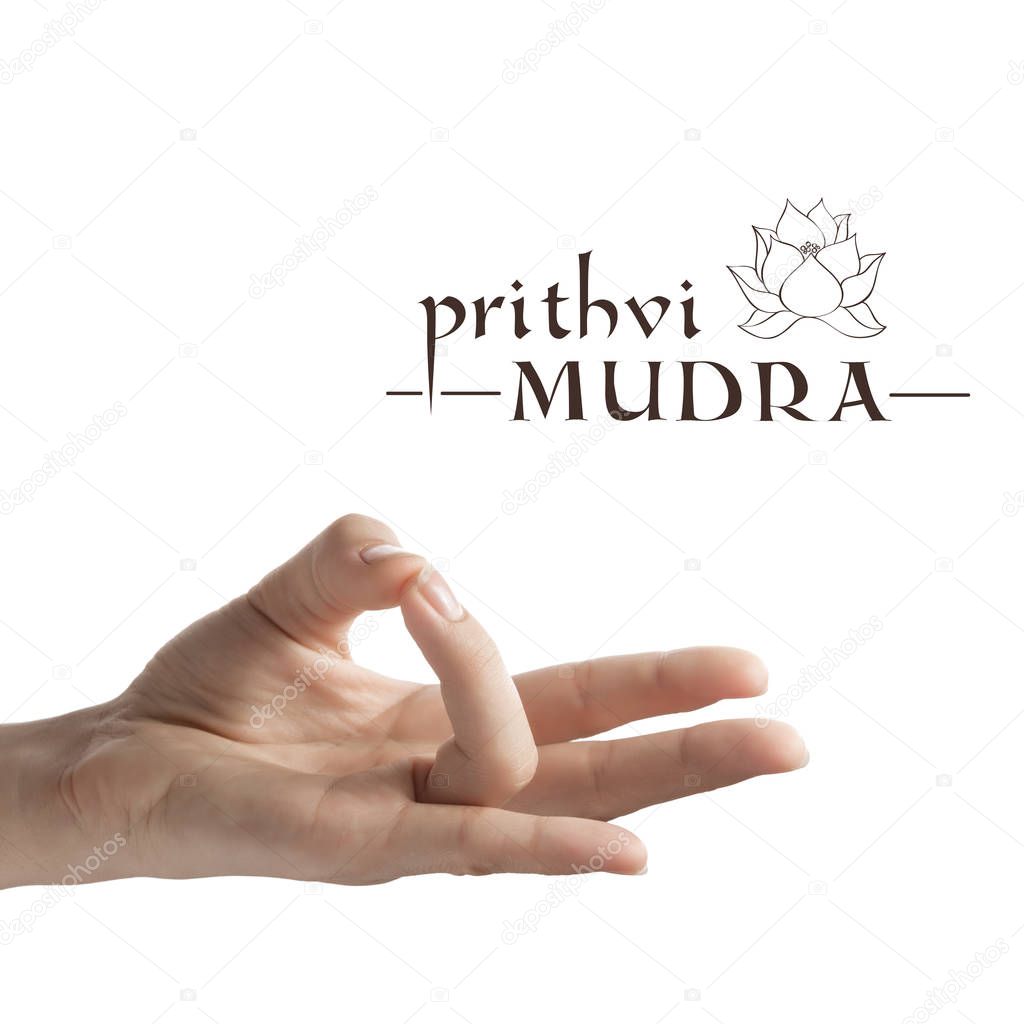 Prithvi mudra. Yogic hand gesture on white isolated background.