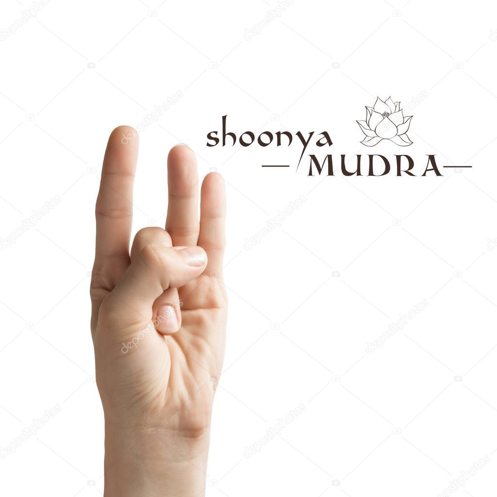 Shoonya mudra. Yogic hand gesture on white isolated background.