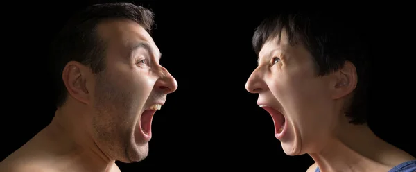 Man Woman Yell Each Other Black Background — Stock Photo, Image