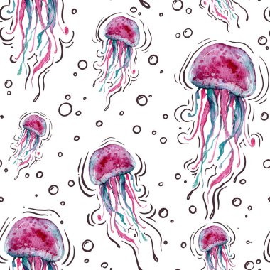 Pembe denizanası ile sulu boya desenli