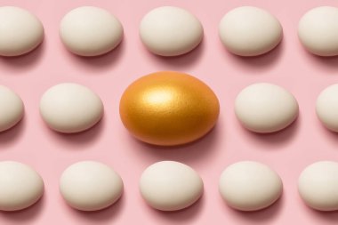 Bireysellik kavramı, ayrıcalık, daha iyi seçim. Beyaz yumurtaların arasında bir altın yumurta. Üst görünüm.