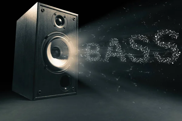 Black wooden sound speaker with sound wave and text bass on black background.