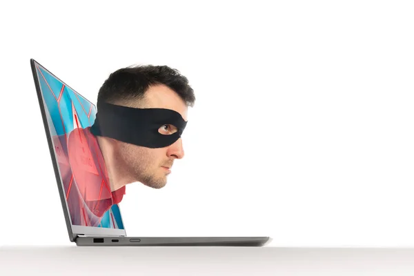 Human Black Mask Moves Screen Laptop Concept Hacking Identity Theft — Stock Photo, Image