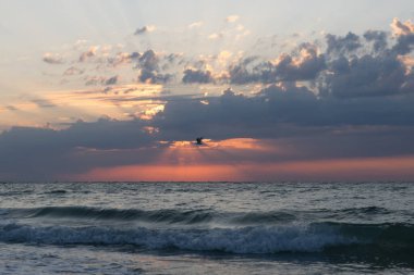 Güzel deniz manzarası. Fırtınalı denizde şafak vakti. Resim