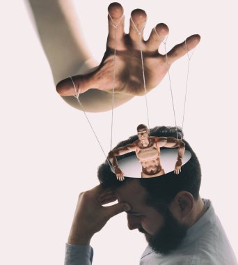 Marionette in human head. Concept of mind control. Image clipart