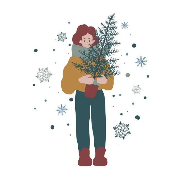 Ručně Kreslené Vektorové Ilustrace Sněží Dívka Stojí Jedlí — Stockový vektor