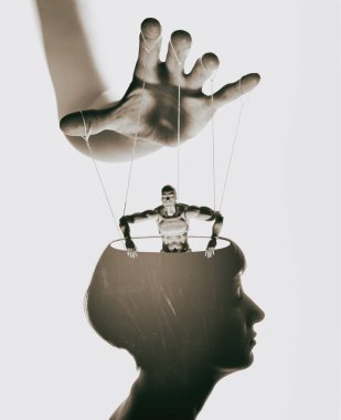 Marionette in human head. Concept of mind control. Image clipart