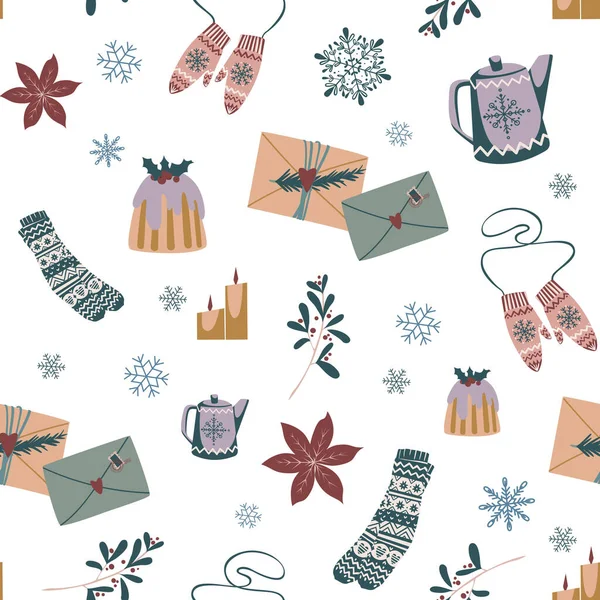 Patrón Acogedor Navidad Sin Costuras Con Calcetines Mitones Pastel Letras — Vector de stock