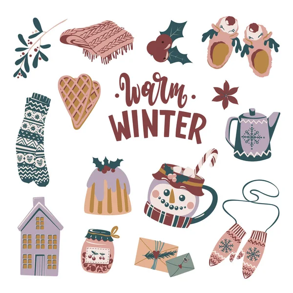 Vector Set Winter Cozy Elements Hot Chocolate Waffles Slippers Plaid — Stock Vector