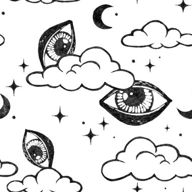 Black and white lino cut seamless pattern design with the imprint of the all-seeing eyes, clouds, crescents clipart