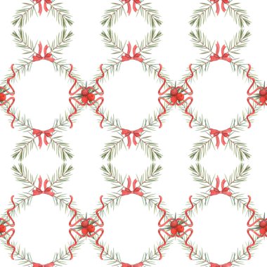 Seamless watercolor symmetrical pattern with evergreen branches, red bows and berries. Hand-painted festive texture symbolizing winter holidays, natural decoration, seasonal design for textile, packaging and greeting cards.