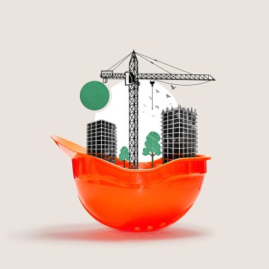 İnşaat kaskı, kule vinci ve inşaat halindeki binaların yer aldığı minimalist bir fotoğraf kolajı..