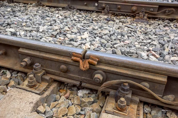 Detail of railway track on gravel for train transportation.