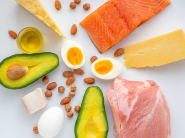 Beyaz arka planda Ketojenik diyet ürünleri seçimi üst görünümü