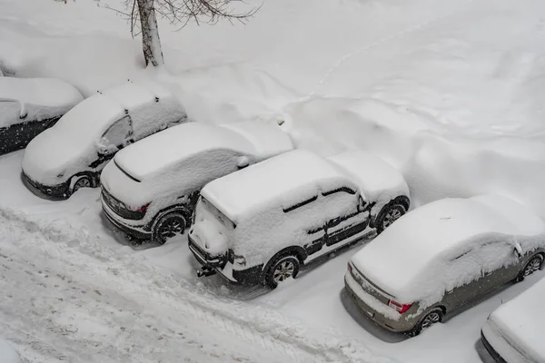 Kış fırtınasından sonra karla kaplı araçların üst görünümü