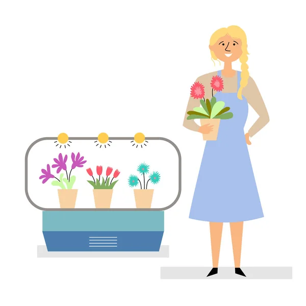 Girl sells flowers. Small business selling flowers and pots. Editable vector illustration