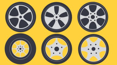 sarı arka plan üzerinde farklı tekerlekli araba tekerlekleri